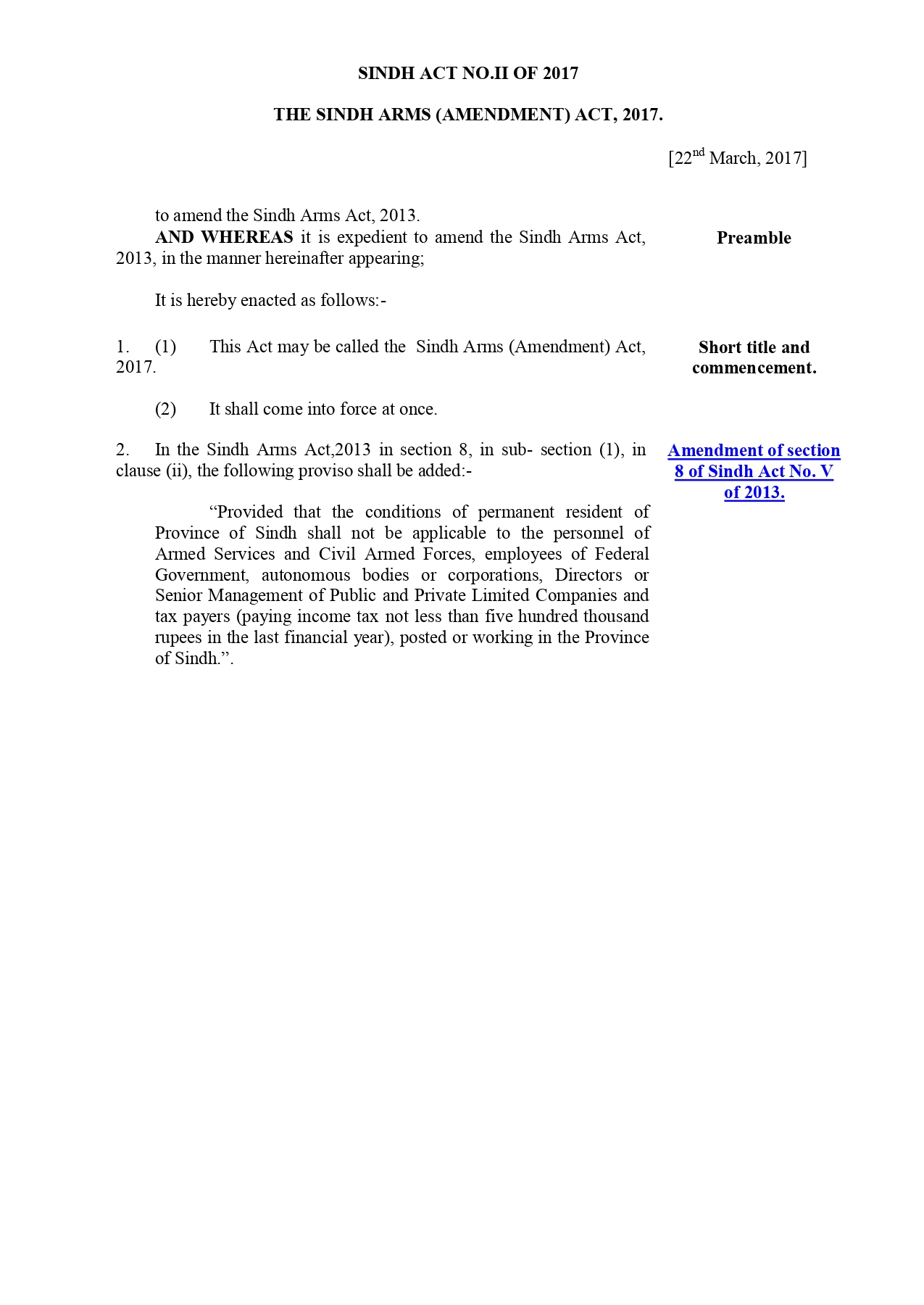 The Sindh Arms (Amendment) Act, 2017