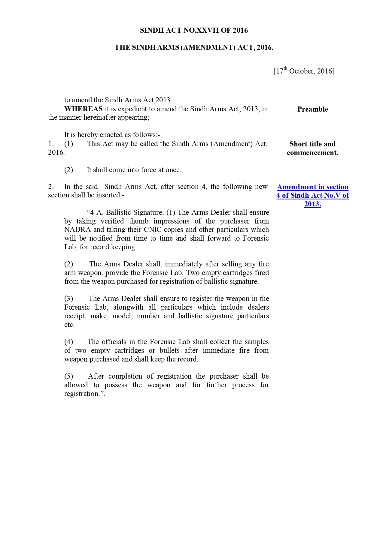 The Sindh Arms (Amendment) Act, 2016