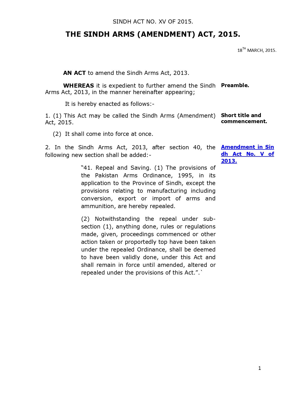 The Sindh Arms (Amendment) Act, 2015